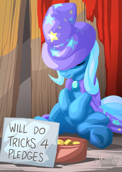 Size: 955x1351 | Tagged: safe, artist:mysticalpha, trixie, pony, unicorn, g4, bits, eyes closed, female, homeless, mare, money, poverty, sad, sign, solo, the sad and depressive trixie, underhoof, will x for y