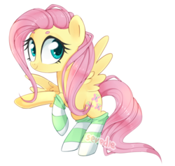 Size: 900x857 | Tagged: safe, artist:sevedie, fluttershy, pegasus, pony, g4, beanbrows, clothes, female, mare, smiling, socks, solo, spread wings, striped socks, wings
