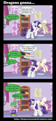 Size: 1600x3450 | Tagged: safe, artist:thejourneysend, rarity, spike, g4, carousel boutique, clothes, comic, crossdressing, dress, magic, mannequin, measuring tape, pun