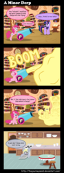 Size: 1700x4550 | Tagged: safe, artist:thejourneysend, derpy hooves, pinkie pie, twilight sparkle, earth pony, pegasus, pony, g4, batter, cake batter, comic, female, food, i just don't know what went wrong, mare, oven, party cannon, speech bubble