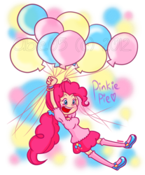 Size: 1100x1330 | Tagged: safe, artist:abie05, pinkie pie, human, g4, balloon, clothes, cute, diapinkes, female, humanized, mary janes, shoes, skirt, socks, solo, then watch her balloons lift her up to the sky