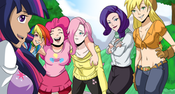 Size: 1000x534 | Tagged: safe, artist:itanatsu-chan, applejack, fluttershy, pinkie pie, rainbow dash, rarity, twilight sparkle, human, g4, belly button, breasts, cleavage, clothes, female, front knot midriff, humanized, midriff, skirt, sweater, sweatershy