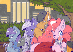 Size: 2480x1771 | Tagged: safe, artist:asprin white rabbit, igneous rock pie, limestone pie, marble pie, maud pie, pinkie pie, g4, ear fluff, father and child, father and daughter, female, male, pie family, pie sisters, pixiv, siblings, sisters