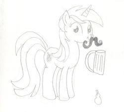 Size: 1260x1137 | Tagged: safe, artist:barryfrommars, lyra heartstrings, pony, unicorn, g4, female, food, grayscale, looking at you, monochrome, moustache, mug, pear, smiling, solo, traditional art