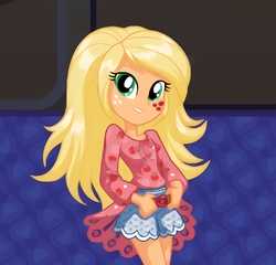 Size: 1060x1016 | Tagged: safe, applejack, equestria girls, equestria girls (app), g4, my little pony equestria girls: legend of everfree, official, belt, camp fashion show outfit, clothes, denim, loose hair, shorts, solo, upscaled, waifu2x