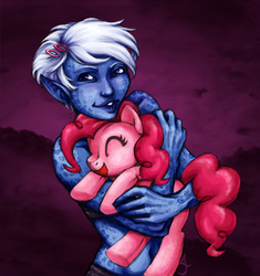 Size: 1024x1090 | Tagged: safe, artist:gijoespouse, pinkie pie, elf, pony, g4, blue skin, cute, eyes closed, grin, holding a pony, hug, looking at you, open mouth, smiling