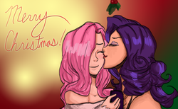 Size: 1790x1106 | Tagged: safe, artist:itanatsu-chan, fluttershy, rarity, human, g4, female, holly, holly mistaken for mistletoe, humanized, kissing, lesbian, lipstick, ship:flarity, shipping