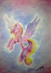 Size: 1737x2468 | Tagged: safe, artist:rainbowpegasusdash, princess cadance, g4, eyes closed, female, flying, solo, traditional art, watercolor painting