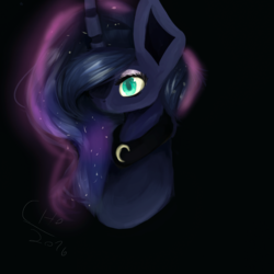 Size: 1400x1400 | Tagged: safe, artist:cheetospony, princess luna, alicorn, pony, g4, big ears, black background, bust, female, hair over one eye, mare, milestone, simple background, solo, watermark