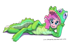 Size: 2004x1200 | Tagged: safe, artist:los-chainbird, gummy, pinkie pie, g4, animal costume, clothes, cosplay, costume, cute, diapinkes, female, fursuit, kigurumi, looking at you, lying down, simple background, solo, transparent background