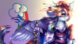 Size: 1920x1080 | Tagged: safe, artist:rinioshi, rainbow dash, pony, semi-anthro, g4, bipedal, clothes, ear fluff, female, floppy ears, hair accessory, kimono (clothing), solo, spread wings, sword, weapon, windswept mane