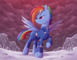 Size: 1024x791 | Tagged: safe, artist:sycotei-b, rainbow dash, g4, alternate timeline, apocalypse dash, crystal war timeline, female, raised hoof, snow, solo, spread wings, torn ear