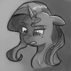 Size: 409x413 | Tagged: safe, artist:post-it, sunset shimmer, pony, unicorn, g4, crying, female, monochrome, sketch, solo
