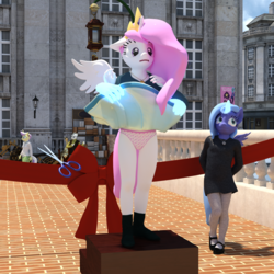Size: 2500x2500 | Tagged: safe, artist:tahublade7, princess celestia, princess luna, anthro, plantigrade anthro, g4, 3d, assisted exposure, cewestia, clothes, cute, daz studio, dress, dress lift, embarrassed, embarrassed underwear exposure, female, filly, high res, magic, magic abuse, mary janes, panties, pantyhose, pink-mane celestia, polka dot underwear, public humiliation, scissors, sisters, skirt, skirt lift, story included, this will end in tears and/or a journey to the moon, trolluna, underwear, upskirt, white underwear, woona, younger