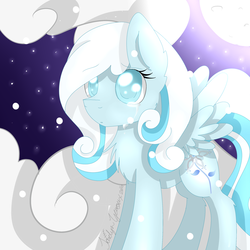 Size: 1024x1024 | Tagged: safe, artist:jaidyn-fangtrap, oc, oc only, oc:snowdrop, chest fluff, cloud, crying, full moon, moon, night, older, older snowdrop, snow, snowfall, solo, spread wings, stars, wings