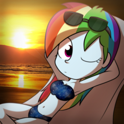 Size: 5000x5000 | Tagged: safe, artist:fj-c, rainbow dash, equestria girls, g4, absurd resolution, armpits, beach, belly button, bikini, clothes, cool starry bra, cute, female, looking at you, ocean, on back, one eye closed, solo, sunglasses, sunset, swimsuit, wink