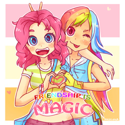 Size: 1200x1200 | Tagged: safe, artist:aikoishika, pinkie pie, rainbow dash, human, g4, :p, bunny ears (gesture), cute, dashabetes, diapinkes, duo, friendshipping, heart, heart hands, humanized, looking at you, midriff, one eye closed, text, title drop, tongue out, wink