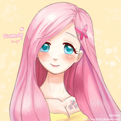 Size: 1000x1000 | Tagged: safe, artist:amy30535, fluttershy, human, g4, boobie mark, breasts, cleavage, cute, female, humanized, shyabetes, solo