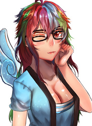 Size: 726x1000 | Tagged: safe, artist:ikki kung, rainbow dash, human, g4, big breasts, breasts, busty rainbow dash, cleavage, female, glasses, humanized, looking at you, solo, winged humanization, wink