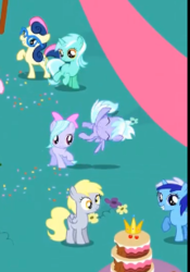 Size: 215x307 | Tagged: safe, screencap, bon bon, cloudchaser, derpy hooves, flitter, lyra heartstrings, minuette, sweetie drops, earth pony, pegasus, pony, unicorn, g4, pinkie pride, bow, braces, cake, cropped, female, filly, filly bon bon, filly cloudchaser, filly derpy, filly lyra, filly minuette, flower, folded wings, food, glasses, midair, raised hoof, smiling, wings, younger