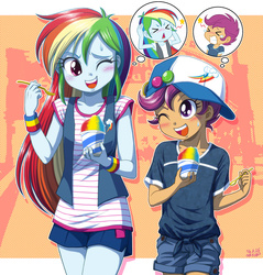 Size: 1100x1149 | Tagged: safe, artist:uotapo, rainbow dash, scootaloo, human, equestria girls, g4, baseball cap, blushing, brain freeze, clothes, colored pupils, cute, cutealoo, dashabetes, denim, duo, duo female, female, food, hat, ice cream, one eye closed, open mouth, pain star, scootalove, shaved ice, shorts, sorbet, spoon, sweat, sweatdrop, thought bubble, tomboy, uotapo is trying to murder us, vest, wink