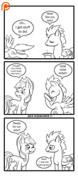 Size: 1300x2953 | Tagged: safe, artist:foxbeast, applejack, rainbow dash, soarin', pony, comic:pie love, g4, comic, dialogue, eating, female, food, lineart, male, messy eating, monochrome, nom, patreon, patreon logo, pie, ship:soarinjack, shipping, simple background, spread wings, straight, that pony sure does love pies, white background