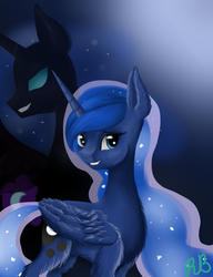 Size: 2834x3685 | Tagged: safe, artist:rimmes-broose, nightmare moon, princess luna, g4, duality, female, fluffy, grin, high res, shadow, smiling, solo
