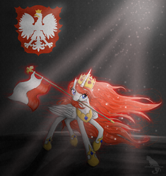 Size: 1719x1832 | Tagged: safe, artist:kocurzyca, oc, oc only, oc:queen poland, alicorn, pony, alicorn oc, coat of arms, crepuscular rays, crown, female, flag, heraldry, jewelry, mare, mouth hold, nation ponies, poland, polish flag, ponified, princess, raised hoof, raised leg, red mane, regalia, smiling, solo, sparkles