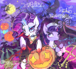 Size: 600x540 | Tagged: safe, artist:onofuji, rarity, twilight sparkle, g4, female, halloween, lesbian, nightmare night, ship:rarilight, shipping