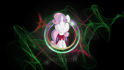 Size: 2560x1440 | Tagged: safe, artist:charity-rose, artist:thundy-r, sweetie belle, g4, cape, clothes, cmc cape, eyes closed, female, neon, smiling, solo, wallpaper