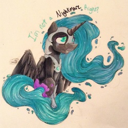 Size: 1024x1024 | Tagged: safe, artist:doodlepaintdraws, nightmare moon, g4, crying, female, sitting, solo, spread wings, traditional art, watermark