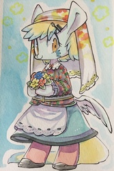 Size: 854x1280 | Tagged: safe, artist:mosamosa_n, oc, oc only, pony, semi-anthro, arm hooves, bipedal, bouquet, butt wings, clothes, cute, dress, flower, solo, traditional art, watercolor painting