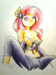 Size: 1920x2560 | Tagged: safe, artist:nolyanimeid, fluttershy, anthro, g4, belly button, breasts, busty fluttershy, cleavage, clothes, colored pencil drawing, female, flutterbat, midriff, pants, race swap, solo, traditional art