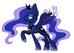 Size: 1400x1000 | Tagged: safe, artist:mistiknco, princess luna, g4, female, frown, raised hoof, simple background, solo, spread wings, transparent background