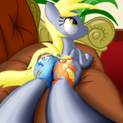 Size: 3000x3000 | Tagged: safe, artist:noctulov, applejack, derpy hooves, rainbow dash, earth pony, pegasus, pony, g4, bubble butt, butt, chair, cushion, dock, female, flattened, high res, mare, micro, perspective, plot, prone, size difference, tiny ponies