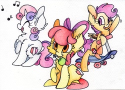 Size: 2784x2007 | Tagged: safe, artist:cutepencilcase, apple bloom, scootaloo, sweetie belle, g4, chest fluff, cutie mark, cutie mark crusaders, ear fluff, fluffy, high res, mouth hold, potion, scooter, singing, the cmc's cutie marks, traditional art