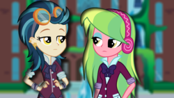 Size: 1000x563 | Tagged: safe, artist:kawaiinikki, indigo zap, lemon zest, equestria girls, g4, my little pony equestria girls: friendship games, looking at each other