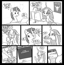 Size: 1589x1631 | Tagged: safe, artist:shoutingisfun, queen chrysalis, shining armor, oc, oc:anon, changeling, human, pony, unicorn, g4, black metal, book, cellphone, chat, comic, computer, cute, cutealis, dialogue, dimmu borgir, disappointed, dork, dorkalis, eyeshadow, fangs, female, figurine, floppy ears, friday night, gaming, gaming miniature, horn, hyperspace hyperwars, keyboard, laptop computer, lonely, makeup, male, miniature, monitor, monochrome, nerd, open mouth, phone, poster, sad, shield, sludgenoids, small horn, smiling, stallion, sword, texting, video call, weapon, webcam, y-you too