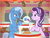 Size: 1600x1200 | Tagged: safe, artist:jcosneverexisted, starlight glimmer, trixie, twilight sparkle, pony, unicorn, g4, cookie, drink, female, food, lesbian, lunch, mare, ship:startrix, shipping, spy-twi, spying