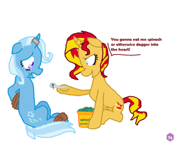 Size: 790x648 | Tagged: safe, artist:tinaart2305, sunset shimmer, trixie, pony, unicorn, g4, 1000 hours in ms paint, abuse, bondage, crying, downvote bait, evil, horn, horn ring, magic suppression, moral event horizon, ms paint, pure unfiltered evil, rope, rope bondage, sad, scared, spinach, spoon, torture, trixiebuse, unsexy bondage, vegetables