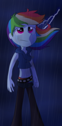 Size: 1247x2539 | Tagged: safe, artist:fj-c, rainbow dash, equestria girls, g4, belly button, crying, female, midriff, rain, solo