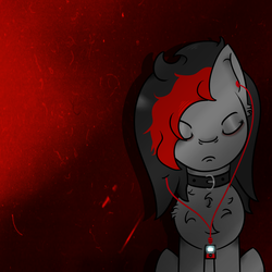 Size: 1000x1000 | Tagged: safe, artist:lazerblues, oc, oc only, oc:miss eri, earth pony, pony, black and red mane, chest fluff, choker, earbuds, eyes closed, female, frown, ipod, mp3 player, sitting, solo, two toned mane