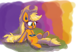 Size: 1280x853 | Tagged: safe, artist:heir-of-rick, applejack, g4, female, headphones, sitting, solo