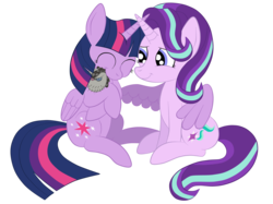 Size: 2592x1936 | Tagged: safe, artist:squipycheetah, smarty pants, starlight glimmer, twilight sparkle, alicorn, pony, unicorn, g4, lesson zero, cuddling, cute, doll, eyes closed, female, fixed, folded wings, friendshipping, glimmerbetes, happy, hug, lesbian, ship:twistarlight, shipping, simple background, sitting, smiling, snuggling, spread wings, story included, toy, transparent background, twiabetes, twilight sparkle (alicorn), twilight's counterparts, vector, winghug