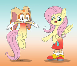 Size: 963x829 | Tagged: safe, artist:foxbeast, part of a set, fluttershy, hybrid, g4, body swap, character to character, cream the rabbit, crossover, gradient background, part of a series, partial body swap, sonic the hedgehog (series), species swap, transformation