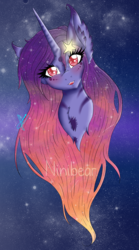 Size: 833x1500 | Tagged: safe, artist:niniibear, oc, oc only, adoptable, blue, bust, colored pupils, cute, ear fluff, fluffy, food, galaxy, galaxy pony, night, orange, peach, pink, portrait, purple, red, red eyes, smiling, solo, stars, white, yellow