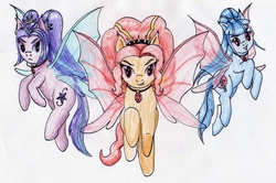 Size: 2864x1899 | Tagged: safe, artist:40kponyguy, derpibooru exclusive, adagio dazzle, aria blaze, sonata dusk, equestria girls, g4, equestria girls ponified, fin wings, looking at you, ponified, the dazzlings, traditional art, wings