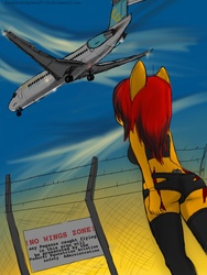 Size: 768x1024 | Tagged: safe, artist:zachthehedgehog97-2, oc, oc only, oc:flare scorch, anthro, anthro oc, ass, butt, clothes, fence, mcdonnell douglas, md-80, plane, socks, solo, thigh highs, wired fence