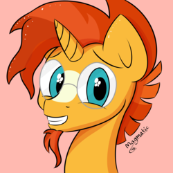 Size: 3000x3000 | Tagged: safe, artist:magmatic, sunburst, pony, unicorn, g4, bust, facial hair, glasses, goatee, high res, male, portrait, smiling, solo