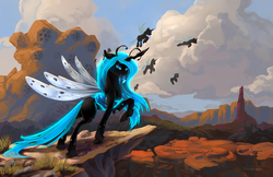 Size: 2400x1552 | Tagged: safe, artist:viwrastupr, oc, oc only, oc:queen fylifa, changeling, changeling queen, antennae, blue changeling, changeling hive, changeling queen oc, desert, female, flying, glowing, hive, raised hoof, smiling, solo focus
